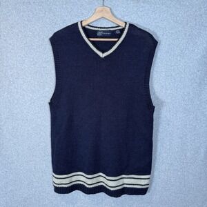 Vintage Sweater Vest Mens Large V Neck Navy Blue Knit Pullover 33 Degrees